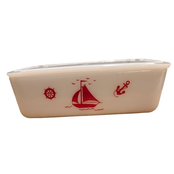 Vintage McKee Milk Glass Sailboat Design Rectangular Container Lid Ships red - Picture 8 of 16